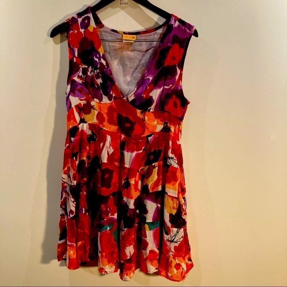 PRIYA Sz M Floral Colourful Deep V-Neck Tiered Skirt Lined Bodice Dress